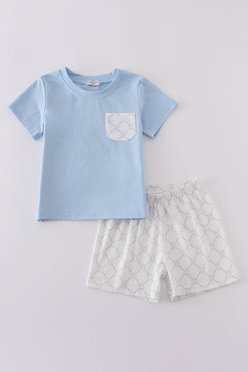 Blue classic lattice charm shorts set featuring a playful checkered pattern, perfect for summer fun.