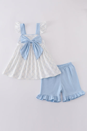 A charming blue bow lattice dress set perfect for playful outings.
