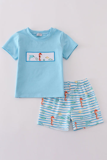 Blue marine creature embroidery set with playful sea animals, perfect for kids.