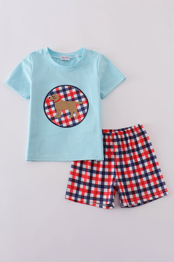 Blue gingham shorts set with adorable puppy applique, perfect for playful days.