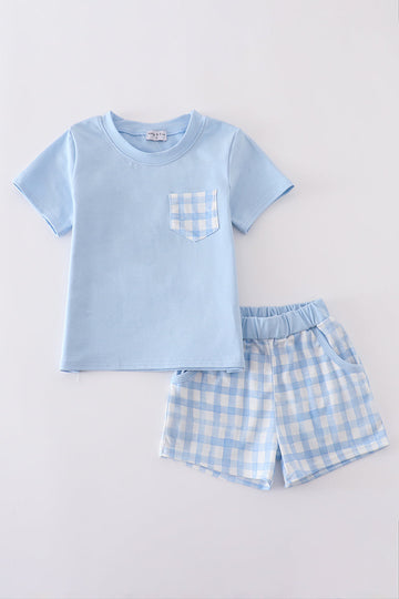 Blue gingham shorts set with playful pattern, perfect for sunny adventures.