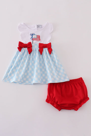 Blue gingham bloomer set with flag embroidery and a matching bow, perfect for summer.