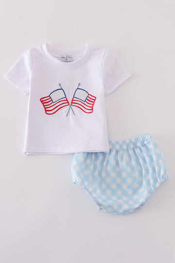 Blue gingham bloomer set with charming flag embroidery, perfect for summer fun.