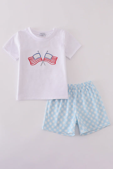 Blue gingham shorts set with flag embroidery, perfect for summer fun.