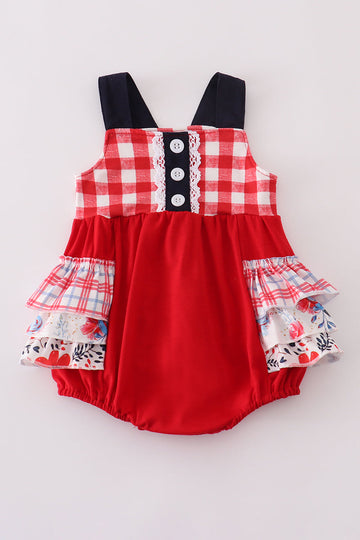 Adorable red floral gingham ruffle bubble romper, perfect for playful summer days.