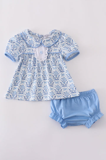 Blue toile garden bow bloomer set with floral pattern, perfect for spring outings.