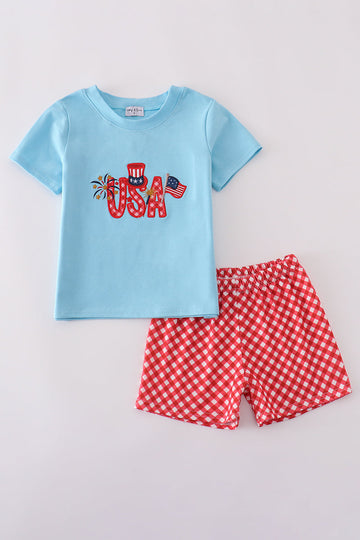 Blue USA flag embroidery shorts set with stars and stripes, perfect for kids' summer fun.