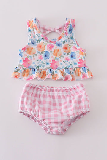 Pink watercolor floral 2-piece swimsuit with ruffled straps, perfect for sunny days.
