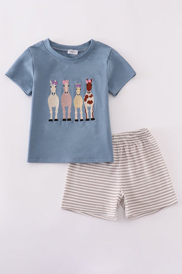 Blue farm horses embroidery shorts set featuring playful horse patterns, perfect for summer.
