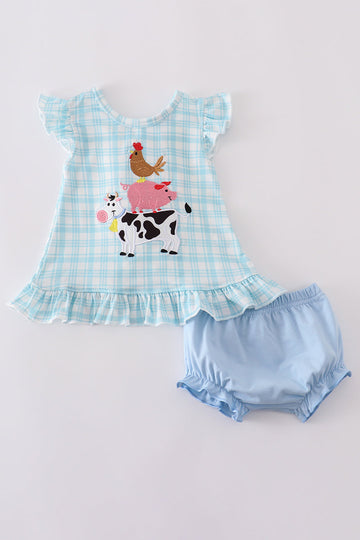 Blue plaid bloomer set with cute farm animal appliques, perfect for playtime.