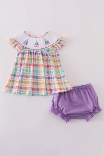 Purple sailboats embroidery bloomer set with ruffled sleeves, perfect for summer fun.