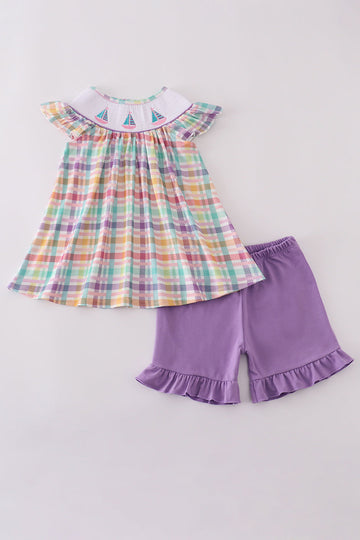 Purple ruffle shorts set with sailboat embroidery, perfect for sunny adventures.