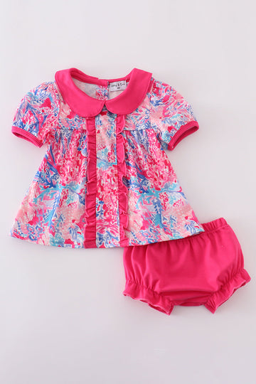 Pink coral reef ruffle bloomer set with playful ocean-themed patterns, perfect for summer.