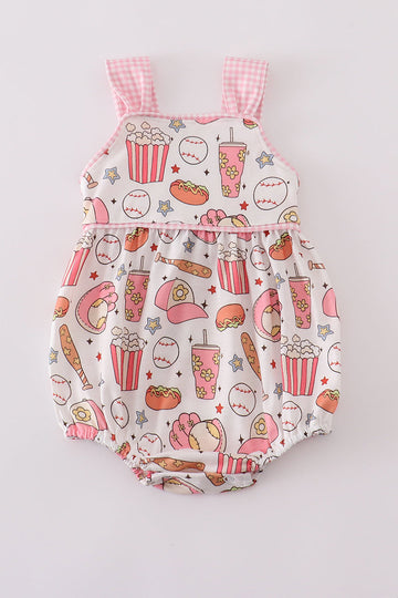 Pink gingham bubble romper with playful baseball print, perfect for summer fun.