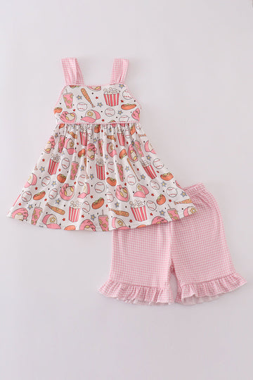Pink gingham ruffle shorts set with baseball print, perfect for playful summer days.