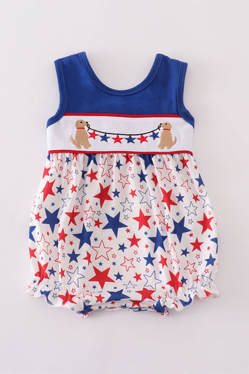 Blue bubble romper with playful puppy and star embroidery, perfect for toddlers.