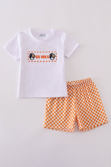 Orange Tennessee GO VOLS smocked checkered shorts set with playful embroidery.