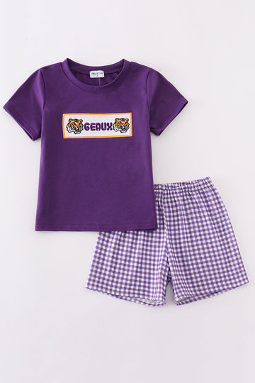 Purple and gold LSU smocked shorts set with Geaux embroidery, perfect for game day.