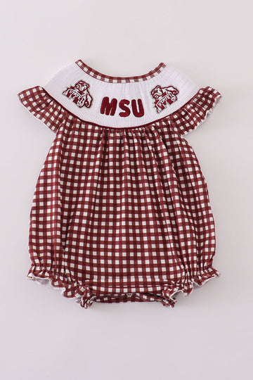 Mississippi State gingham bubble with smocked MSU embroidery, perfect for game day.