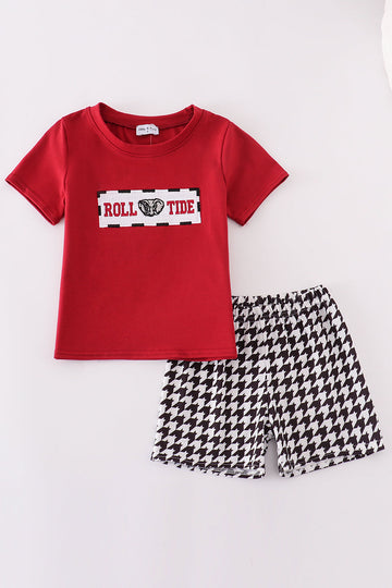Maroon Alabama Roll Tide smocked shorts set with playful embroidery.