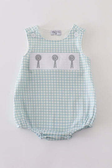 Green gingham bubble romper with farm windmill embroidery, perfect for playful days.
