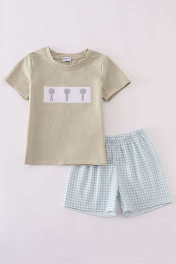 Green farm windmill embroidery shorts set with playful farm-themed design.