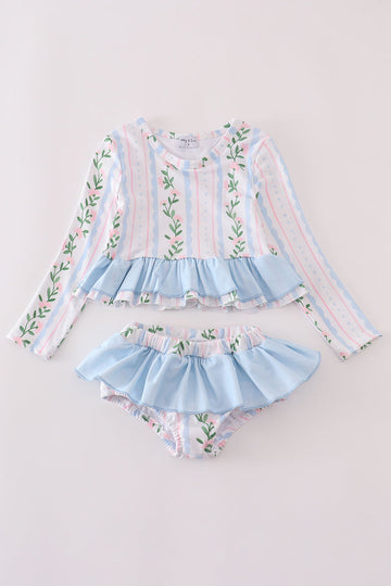 Blue floral print ruffle 2pc rashguard swimsuit