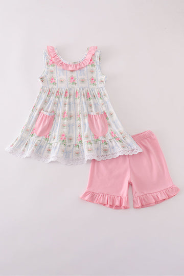 Tea floral bow ruffle shorts set