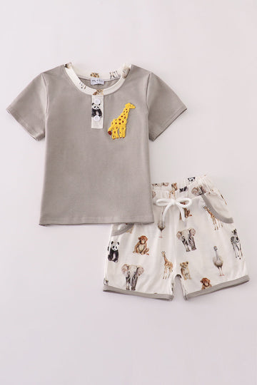 Grey zoo animal print shorts set