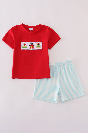 Apple pencil embroidery smocked shorts set