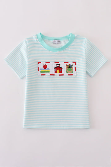 Apple pencil embroidery smocked stripe top