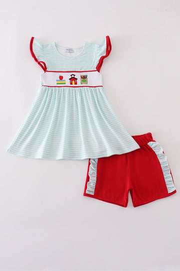 Apple pencil embroidery smocked ruffle shorts set