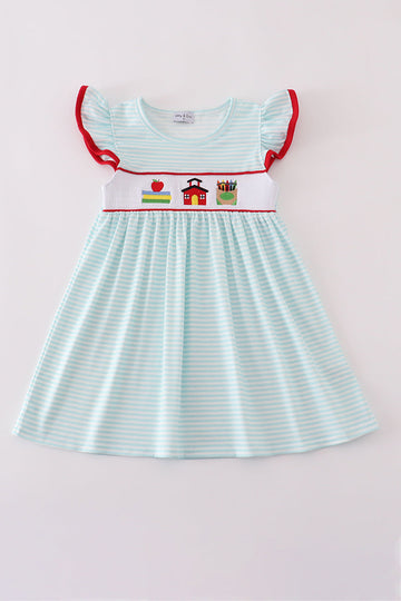 Apple pencil embroidery smocked stripe ruffle dress