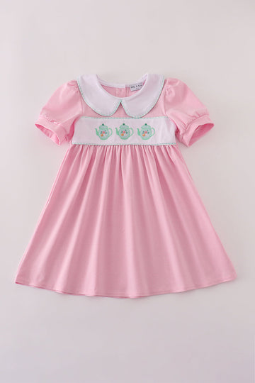 Pink teapot embroidery puff sleeve dress