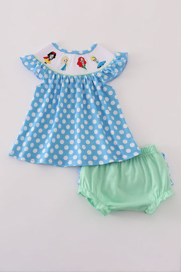 Blue dot character embroidery smocked bloomer set