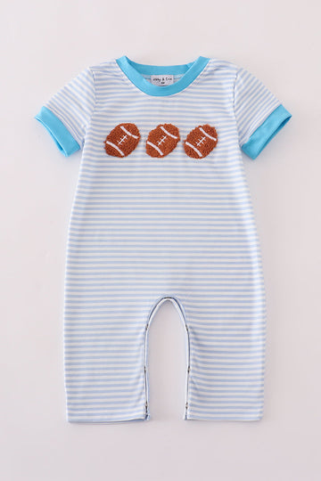 Blue football french knot stripe romper