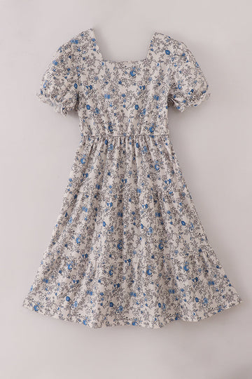 Blue vintage floral print tiered mom dress