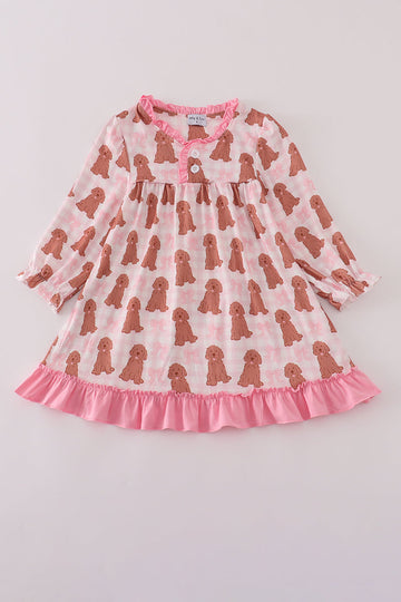 Pink puppy bow print ruffle pajamas dress