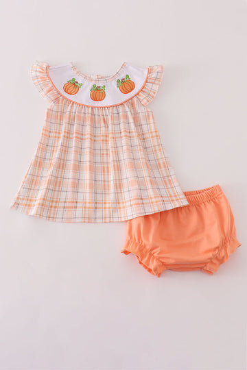 Orange pumpkin embroidery plaid bloomer set