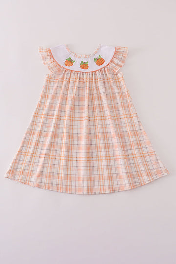 Orange pumpkin embroidery plaid dress