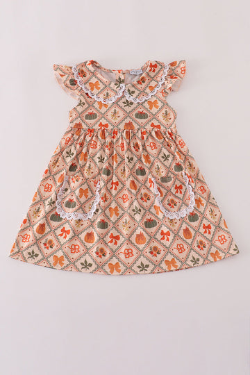 Green pumpkin bow print dress