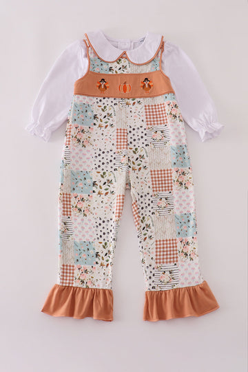 Fall floral print turkey pumpkin embroidery 2pc set