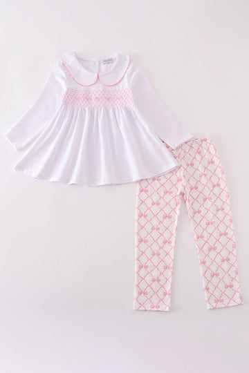 Pink bow smocked pants set