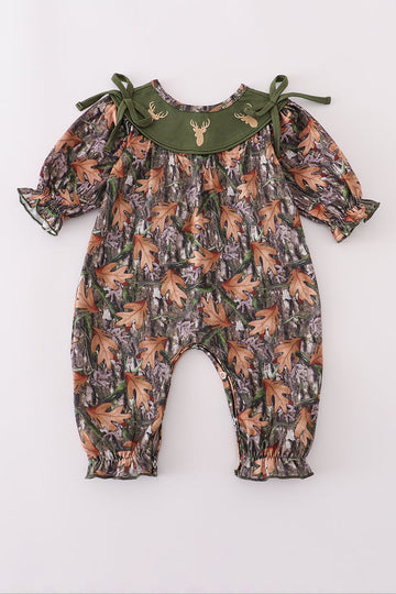 Forest hunting deer embroidery ruffle romper