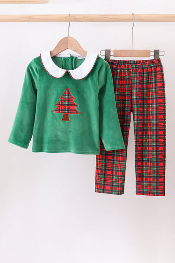 Green christmas tree applique pants set