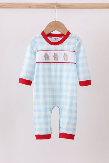 Blue gingerbread house embroidery gingham romper