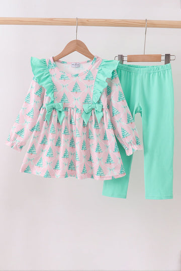 Pink christmas tree ruffle pants set