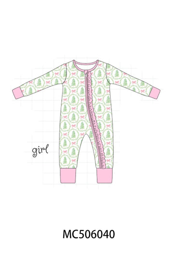 Green christmas tree bamboo zipper ruffle romper