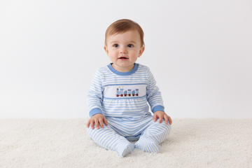 Blue train smocked stripe romper