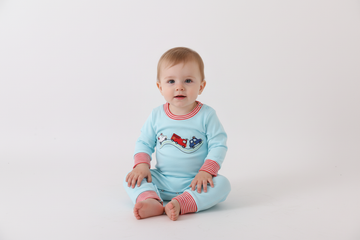 Blue vehicle emboridery romper